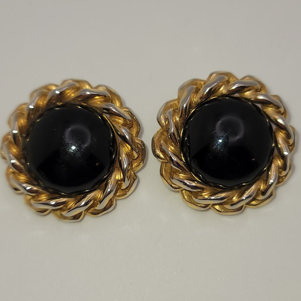 Vintage Christian Dior Two-tone Black Cabochon Statement Clip-on Earrings